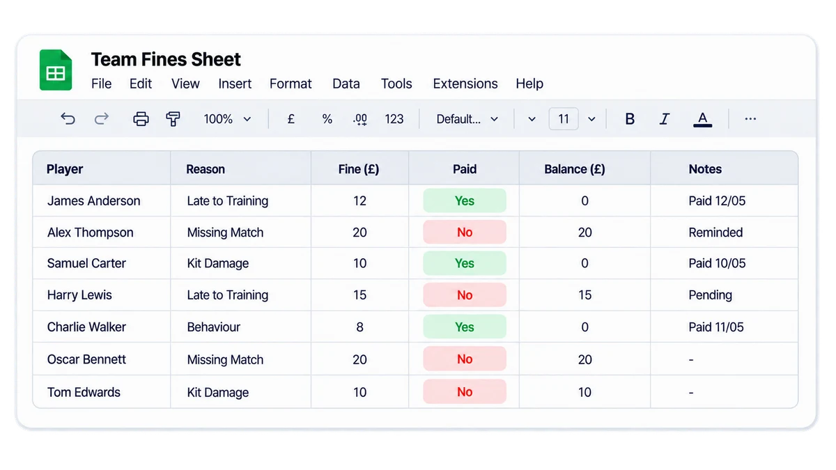 A manual spreadsheet used to track team payments