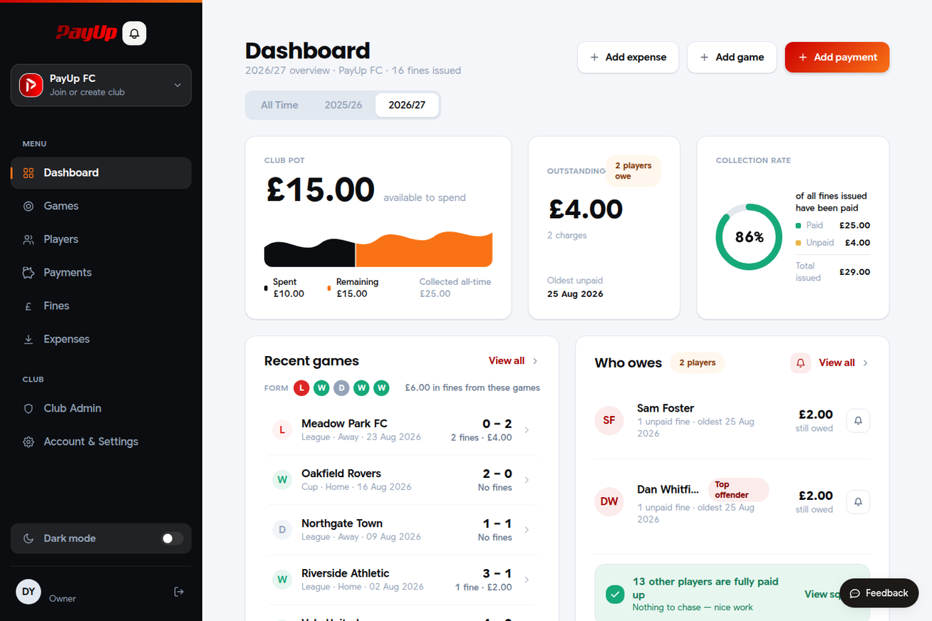 PayUp dashboard showing payments and team balances