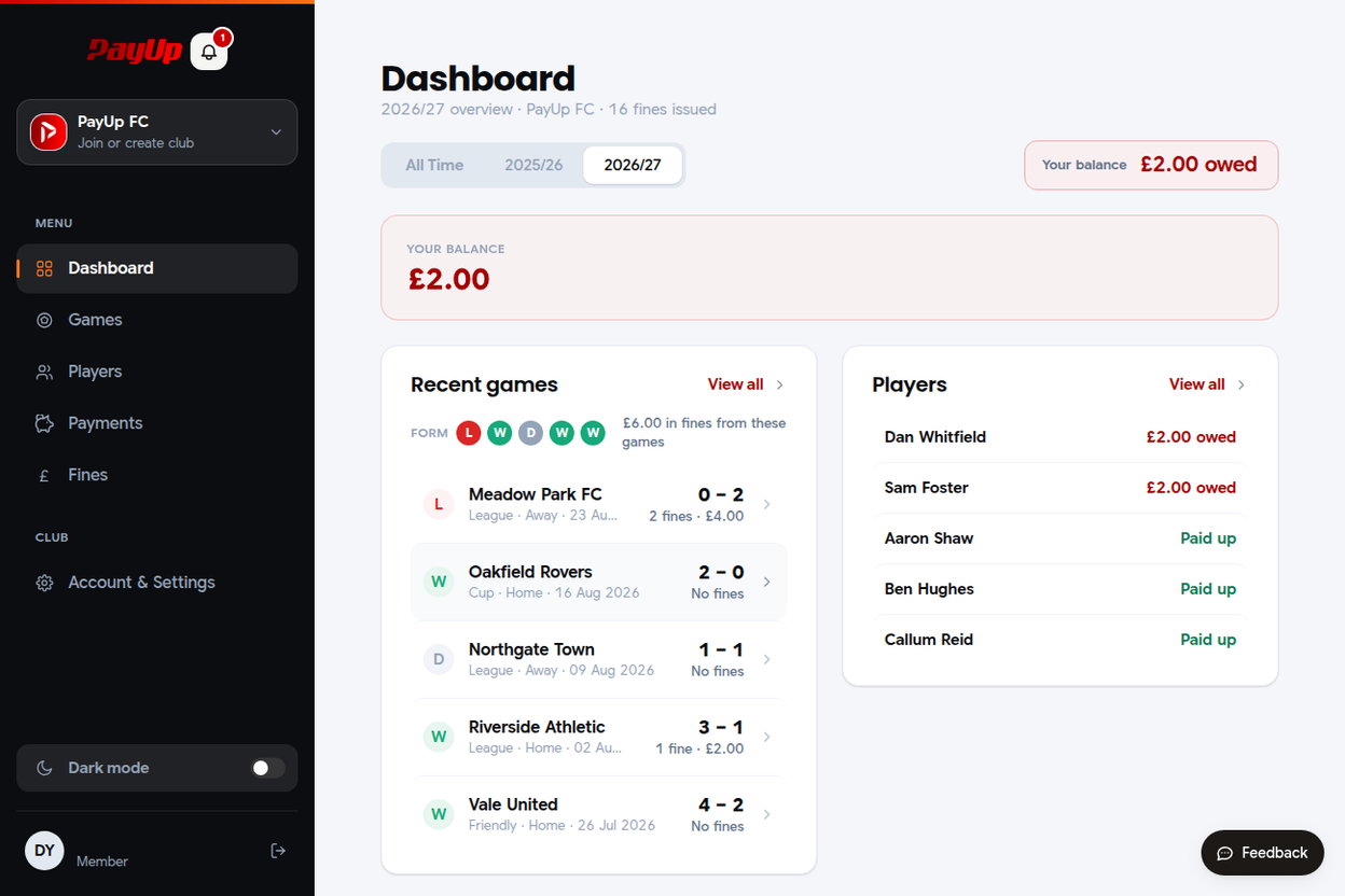 PayUp player view showing outstanding balance and recent payments